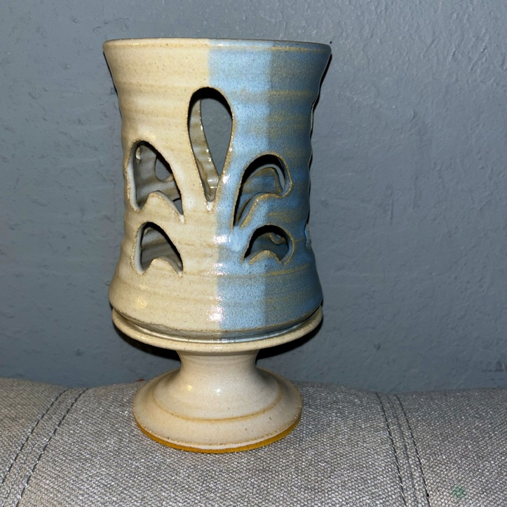 Art Pottery Cut Out Candle Holder VotiveTea Light Pedestal Blue Signed Luminary
